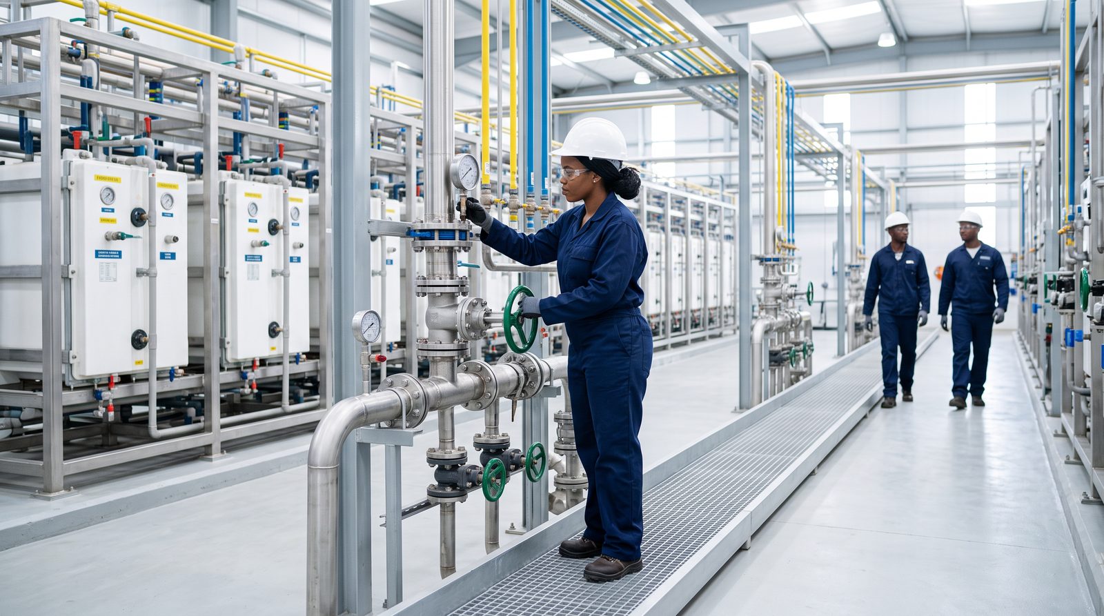 Process engineer checking membrane electrolysis cells in a chlor-alkali plant