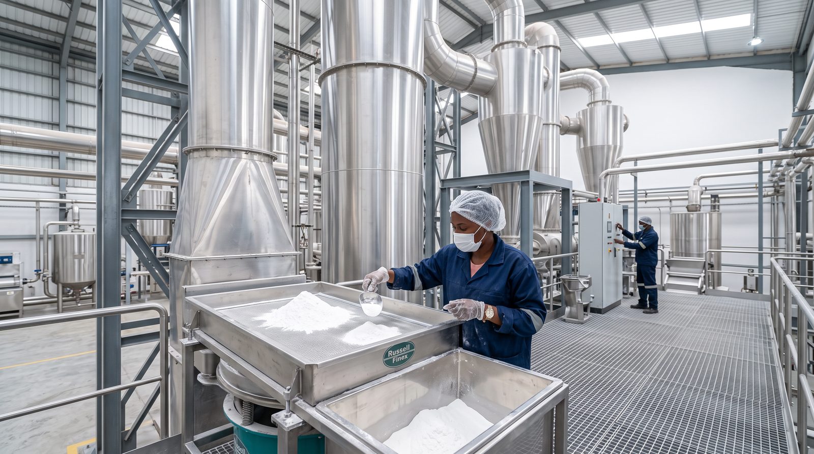 Flash dryer towers and starch sieving station