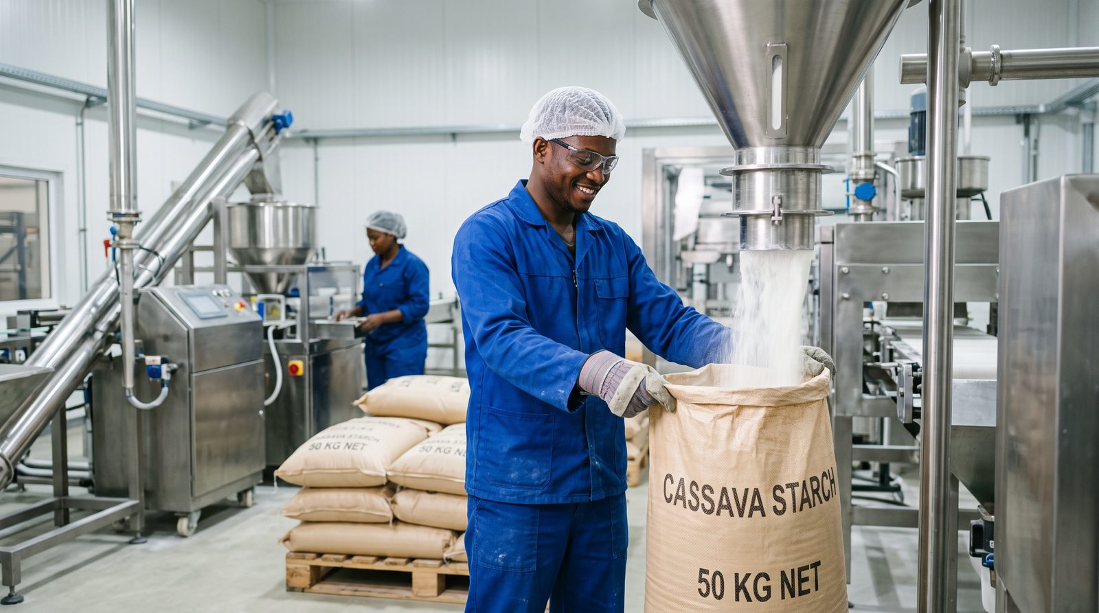 Finished starch being bagged in 50 kg sacks